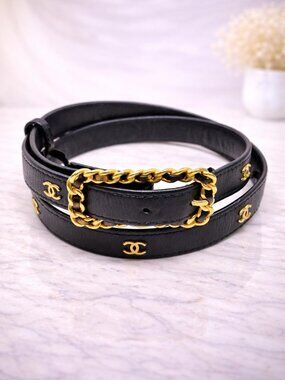Authentic Chanel Chain Belt Black Leather Gold CC Logo Waist Belt Vintage Luxury
